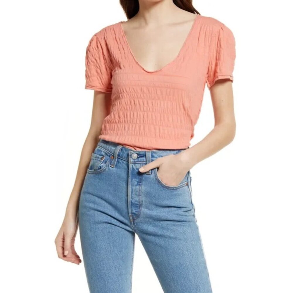 Free People Sugar Cube V-Neck T-Shirt in Burnt Coral Pink Size XS MSRP $58
